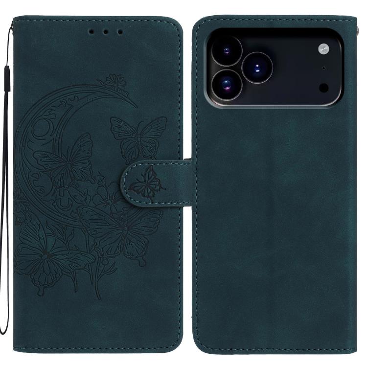 For iPhone 17 Pro Moonlit Butterfly Dance Pattern Embossed Leather Phone Case(Green)
