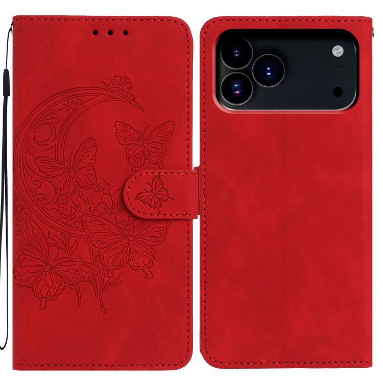 For iPhone 17 Pro Moonlit Butterfly Dance Pattern Embossed Leather Phone Case(Red)