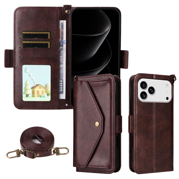 For iPhone 17 Pro Multi-card Slots Crossbody Cowhide Leather Phone Case(Brown)