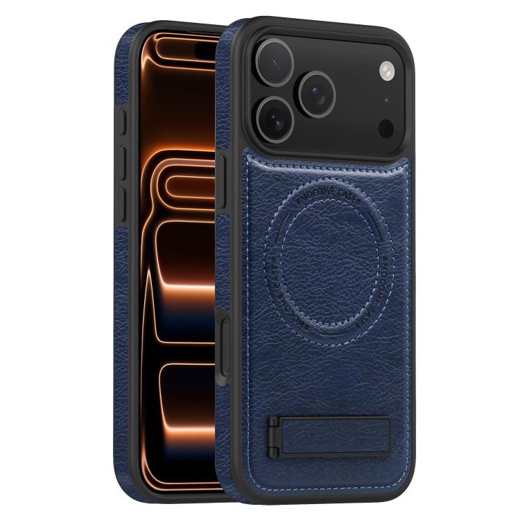 For iPhone 17 Pro Multi-function Holder MagSafe PU Phone Case(Blue)