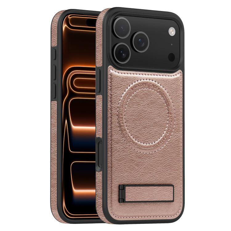 For iPhone 17 Pro Multi-function Holder MagSafe PU Phone Case(Rose Gold)
