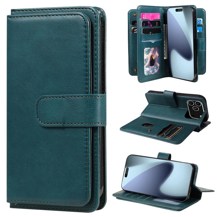 For iPhone 17 Pro Multi-Function Wallet 10 Card Slots Leather Phone Case(Dark Green)