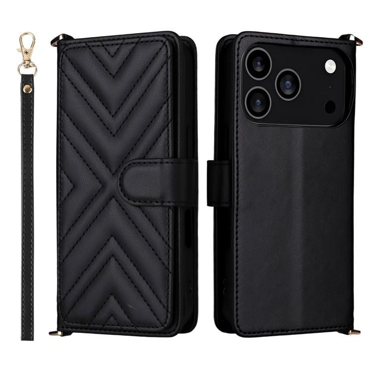 For iPhone 17 Pro Multifunctional 6-Card Slots Leather Phone Case with Wrist Strap(Black)