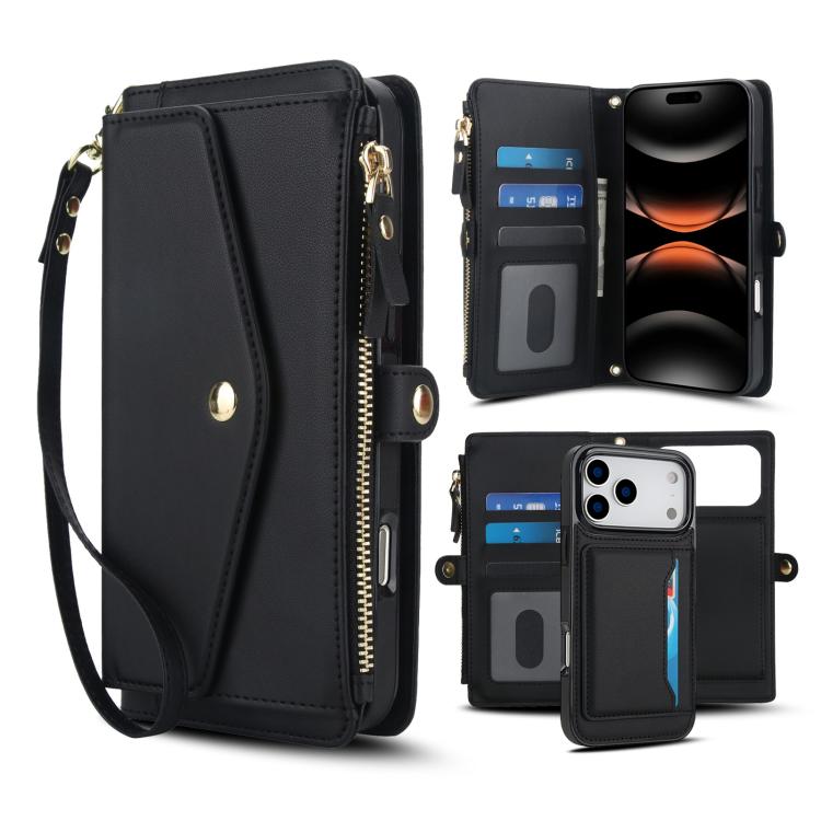 For iPhone 17 Pro Multifunctional Wallet Detachable Leather Phone Case with Lanyard(Black)