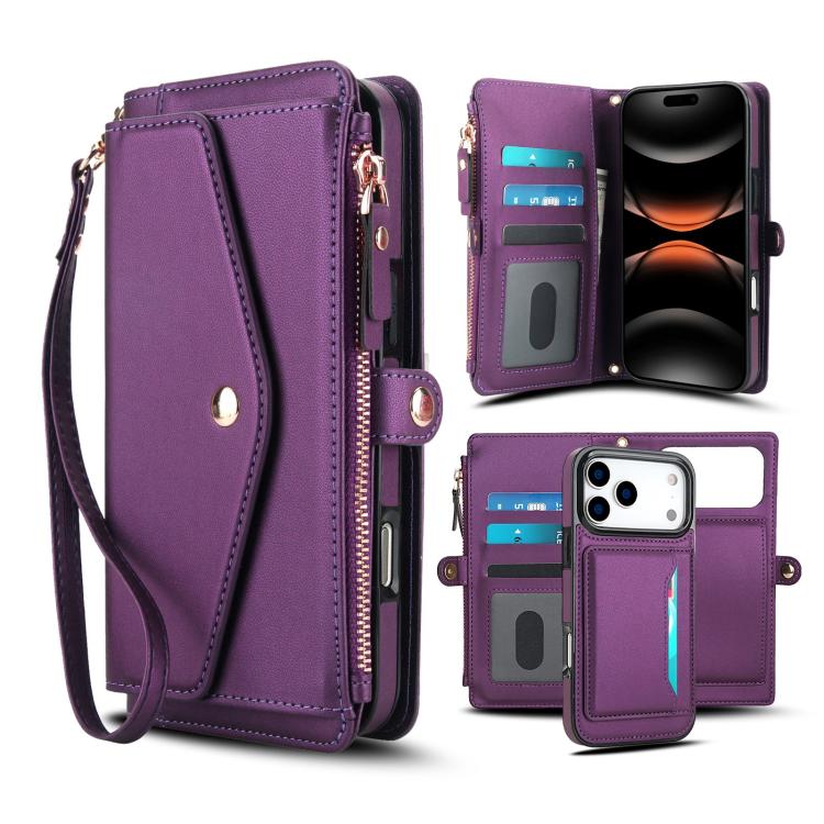 For iPhone 17 Pro Multifunctional Wallet Detachable Leather Phone Case with Lanyard(Dark Purple)
