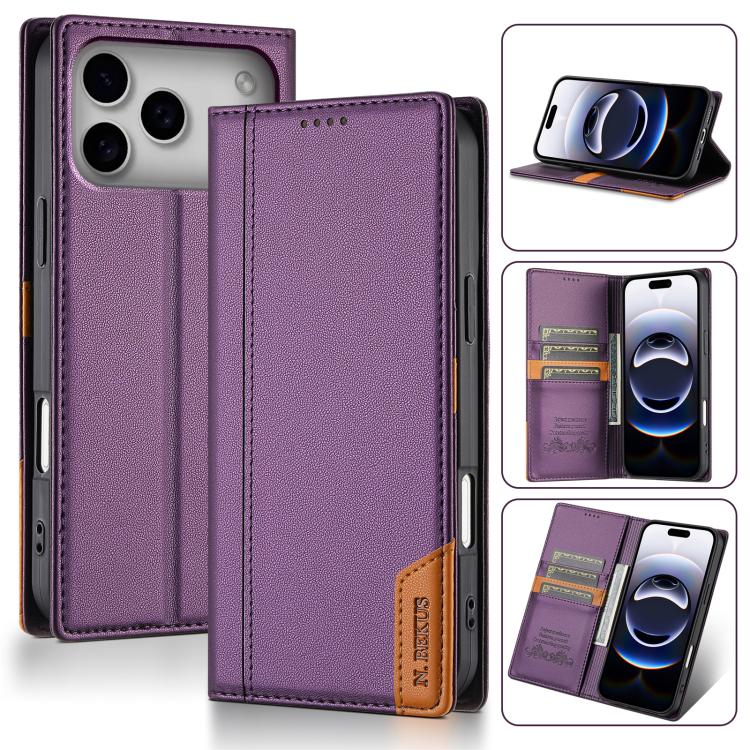 For iPhone 17 Pro N.BEKUS P3 RFID Stitching Magnetic Flip Leather Phone Case(Purple)