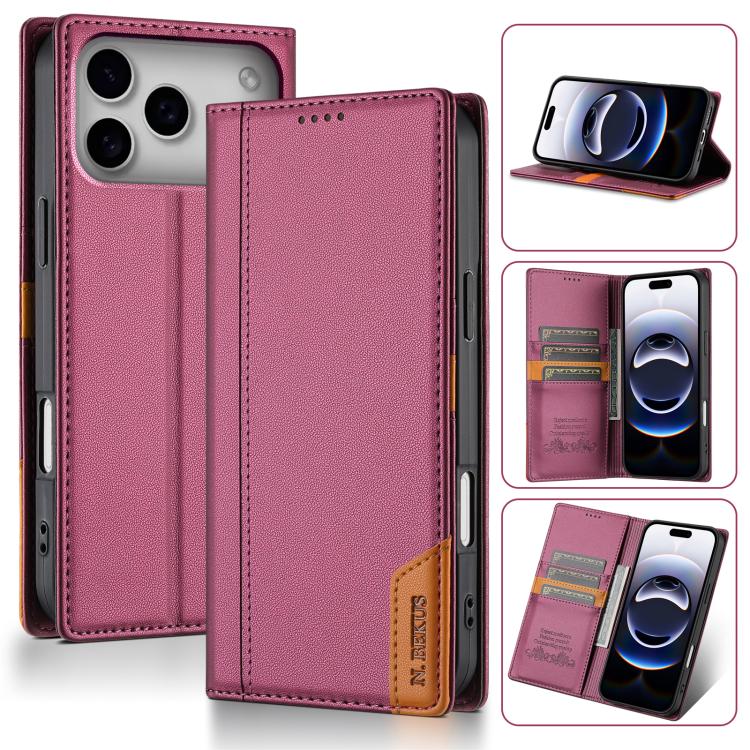 For iPhone 17 Pro N.BEKUS P3 RFID Stitching Magnetic Flip Leather Phone Case(Wine Red)