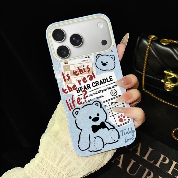 For iPhone 17 Pro Newspaper Bear Pattern IMD Glitter PC Hybrid TPU Phone Case(Blue)