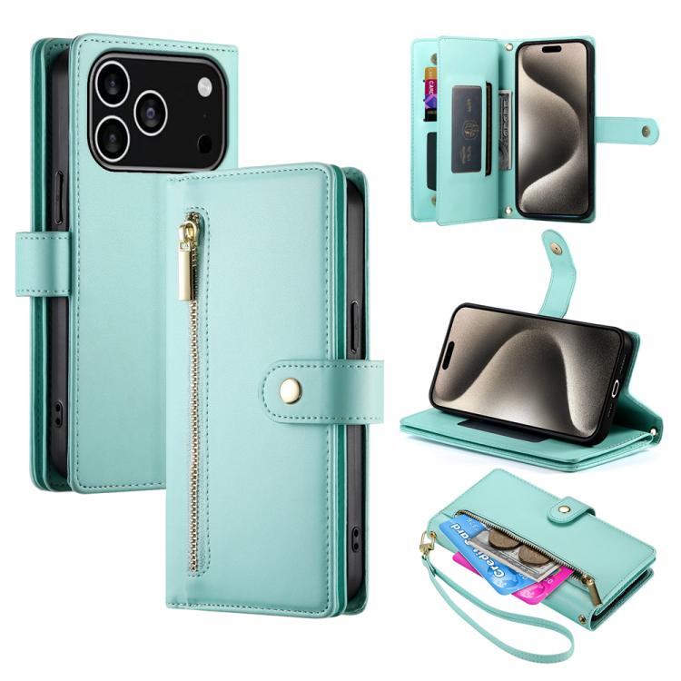 For iPhone 17 Pro Nine Card-slot Zipper Wallet Bag Leather Phone Case(Mint Green)