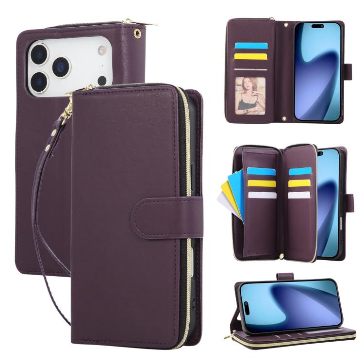 For iPhone 17 Pro Nine-card Slots Zipper Wallet Bag Leather Phone Case(Dark Purple)
