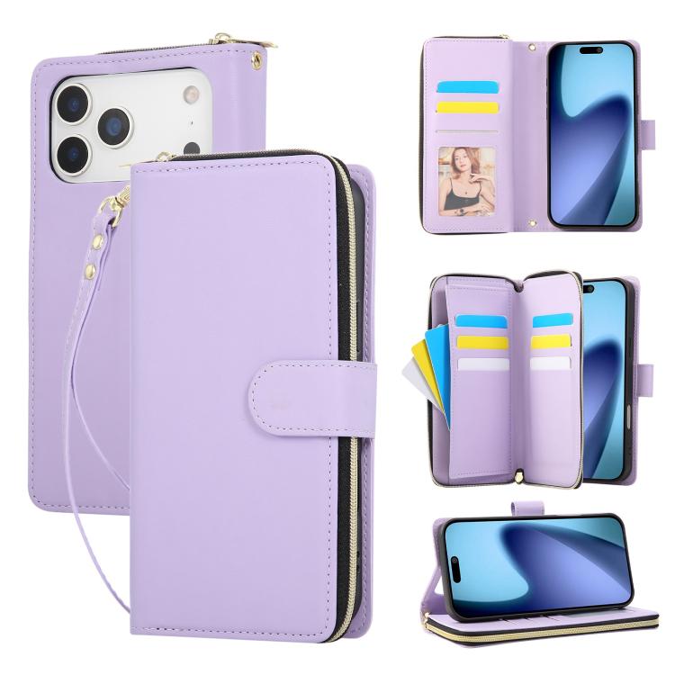 For iPhone 17 Pro Nine-card Slots Zipper Wallet Bag Leather Phone Case(Light Purple)