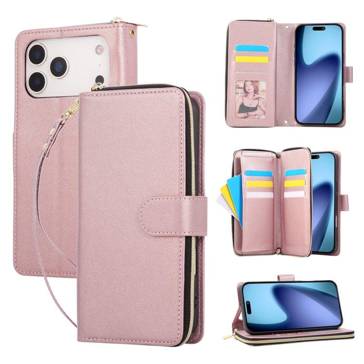 For iPhone 17 Pro Nine-card Slots Zipper Wallet Bag Leather Phone Case(Rose Gold)