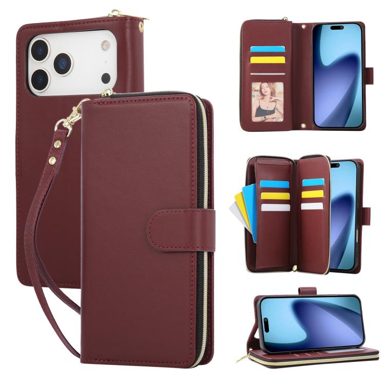 For iPhone 17 Pro Nine-card Slots Zipper Wallet Bag Leather Phone Case(Wine Red)