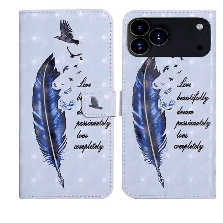 For iPhone 17 Pro Oil Embossed 3D Drawing Leather Phone Case(Blue Feather)