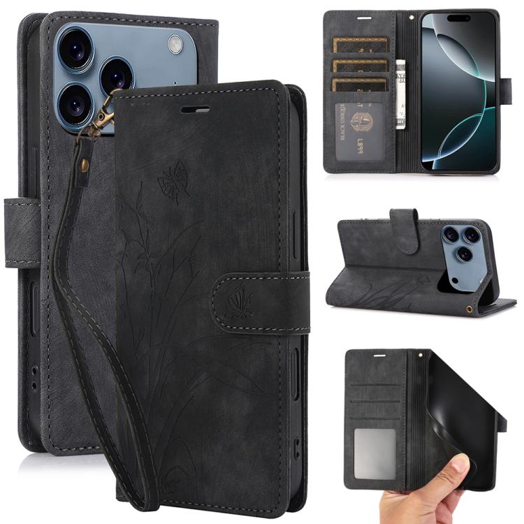 For iPhone 17 Pro Orchid Butterfly Embossed Leather Phone Case(Black)