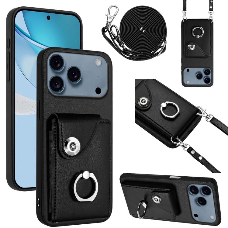 For iPhone 17 Pro Organ Card Bag Ring Holder Phone Case with Long Lanyard(Black)