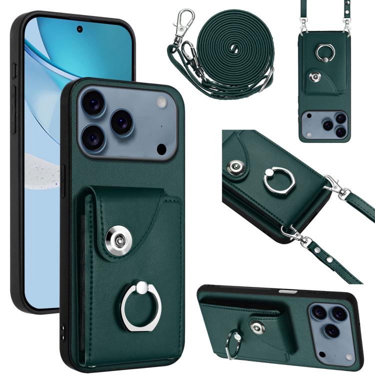 For iPhone 17 Pro Organ Card Bag Ring Holder Phone Case with Long Lanyard(Green)