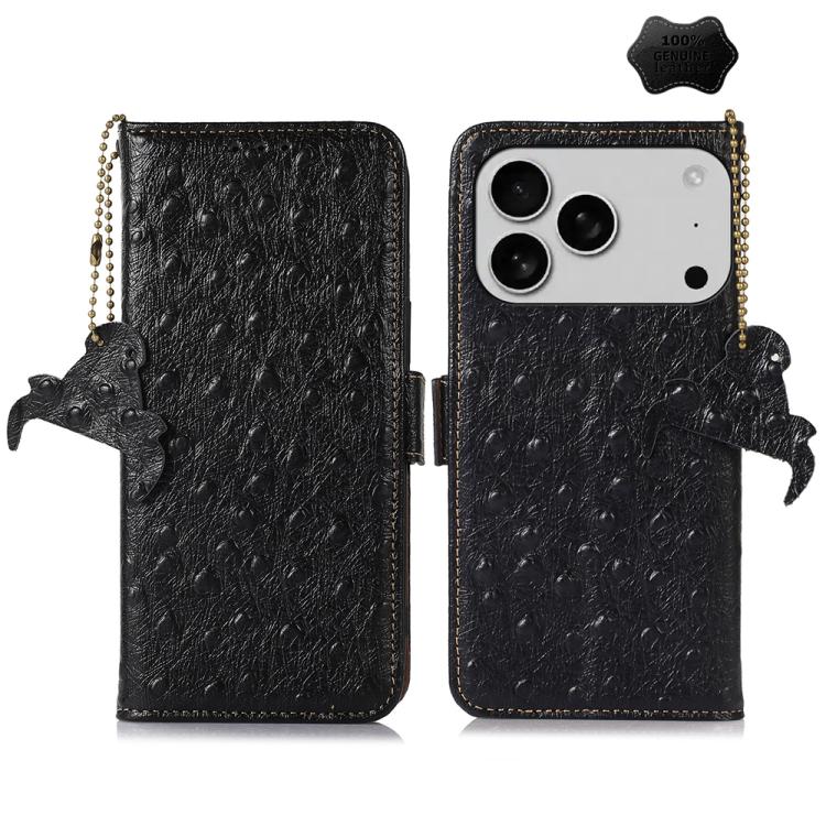For iPhone 17 Pro Ostrich Pattern Genuine Leather RFID Phone Case(Black)