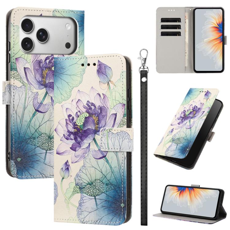 For iPhone 17 Pro Painted Pattern Vegan Leather Phone Case with Strap(Purple Lotus)