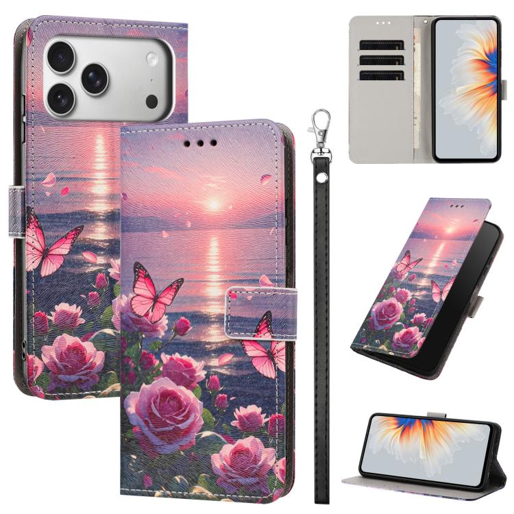 For iPhone 17 Pro Painted Pattern Vegan Leather Phone Case with Strap(Rose Butterfly)