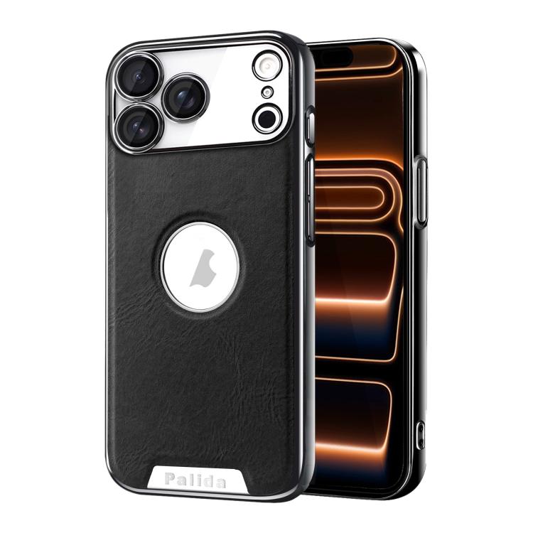 For iPhone 17 Pro Palida Electroplated Mecha-Style Vegan Leather Shockproof Phone Case(Black)