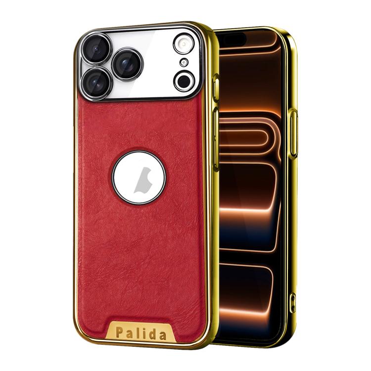For iPhone 17 Pro Palida Electroplated Mecha-Style Vegan Leather Shockproof Phone Case(Red)