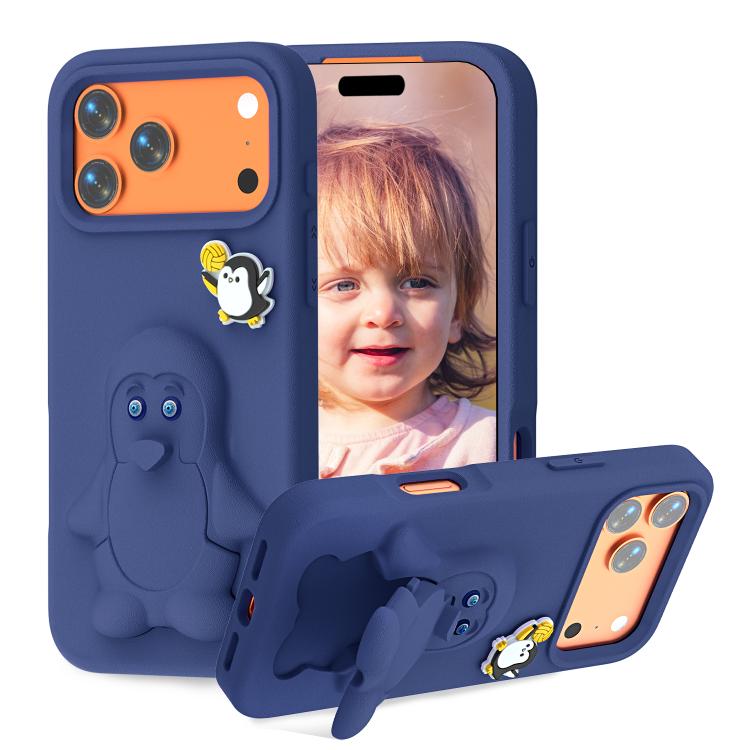 For iPhone 17 Pro Penguin Baby EVA Shockproof Phone Case with Holder(Navy Blue)