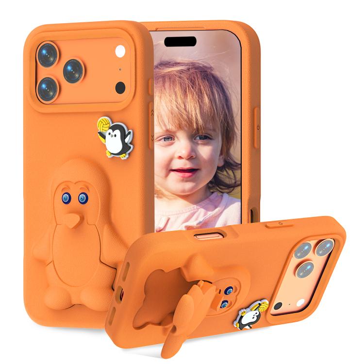For iPhone 17 Pro Penguin Baby EVA Shockproof Phone Case with Holder(Orange)