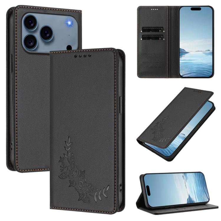 For iPhone 17 Pro Peony Embossed Magnetic RFID Vegan Leather Phone Case(Black)