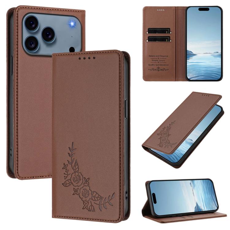 For iPhone 17 Pro Peony Embossed Magnetic RFID Vegan Leather Phone Case(Brown)