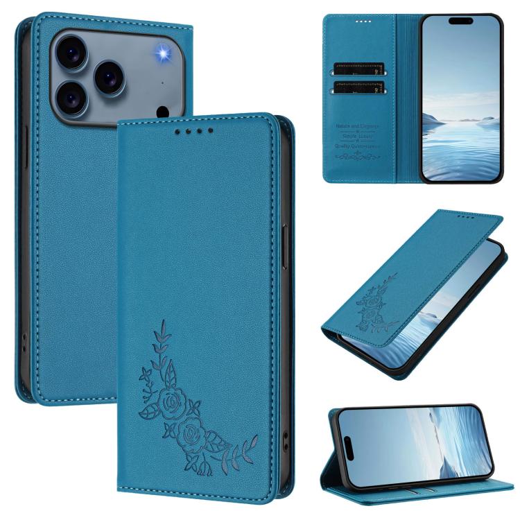 For iPhone 17 Pro Peony Embossed Magnetic RFID Vegan Leather Phone Case(Lake Blue)