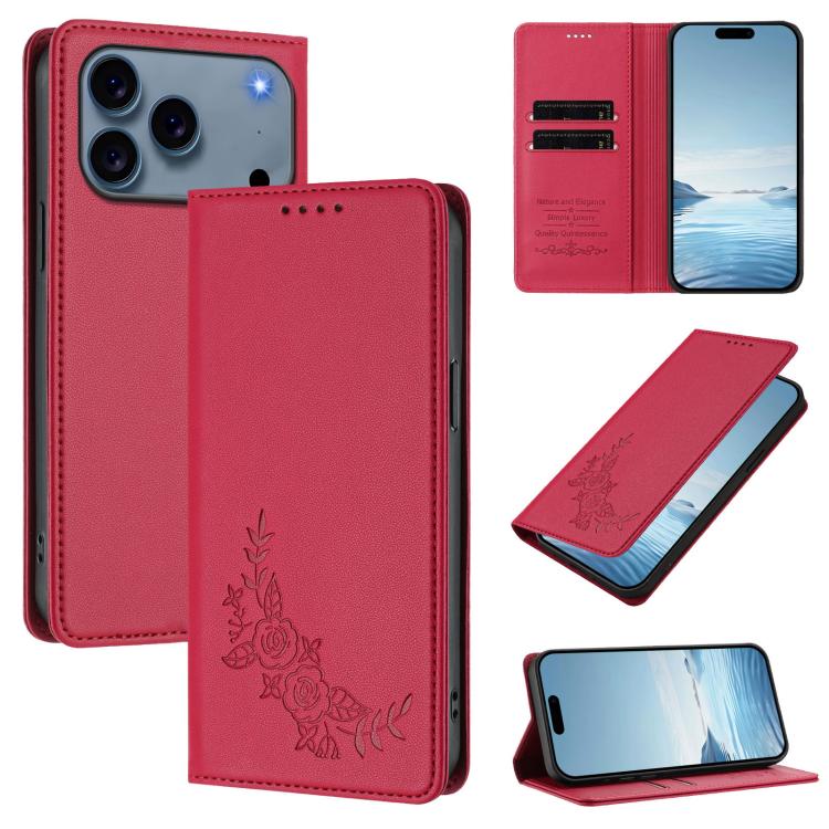 For iPhone 17 Pro Peony Embossed Magnetic RFID Vegan Leather Phone Case(Red)