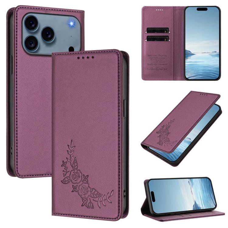 For iPhone 17 Pro Peony Embossed Magnetic RFID Vegan Leather Phone Case(Violet Purple)