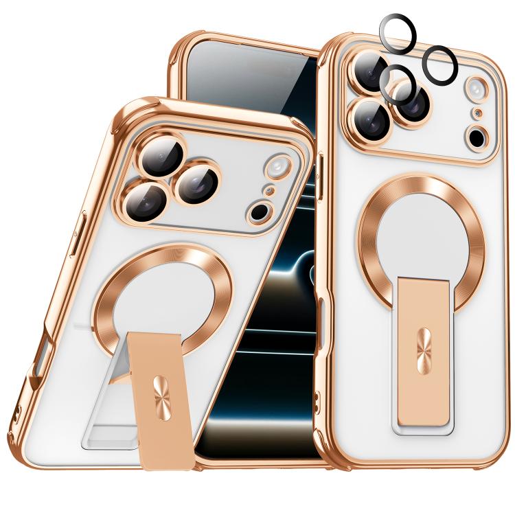 For iPhone 17 Pro Phantom Electroplated Four-Corner Airbag Invisible Holder Shockproof Magnetic Phone Case(Gold)