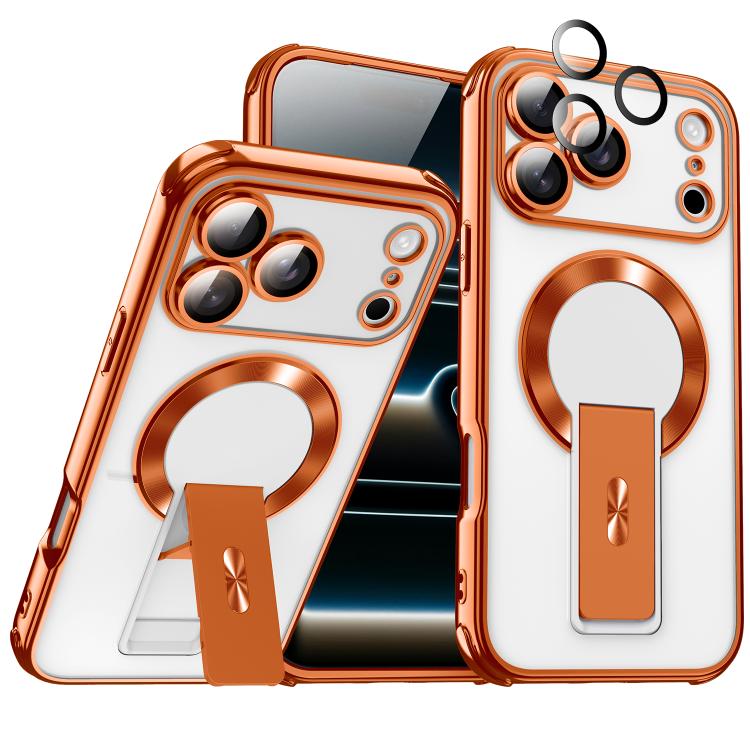 For iPhone 17 Pro Phantom Electroplated Four-Corner Airbag Invisible Holder Shockproof Magnetic Phone Case(Orange)