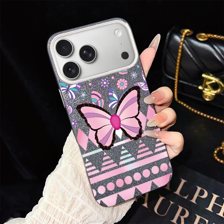 For iPhone 17 Pro Pink Butterfly Pattern IMD Glitter PC Hybrid TPU Phone Case(Black)
