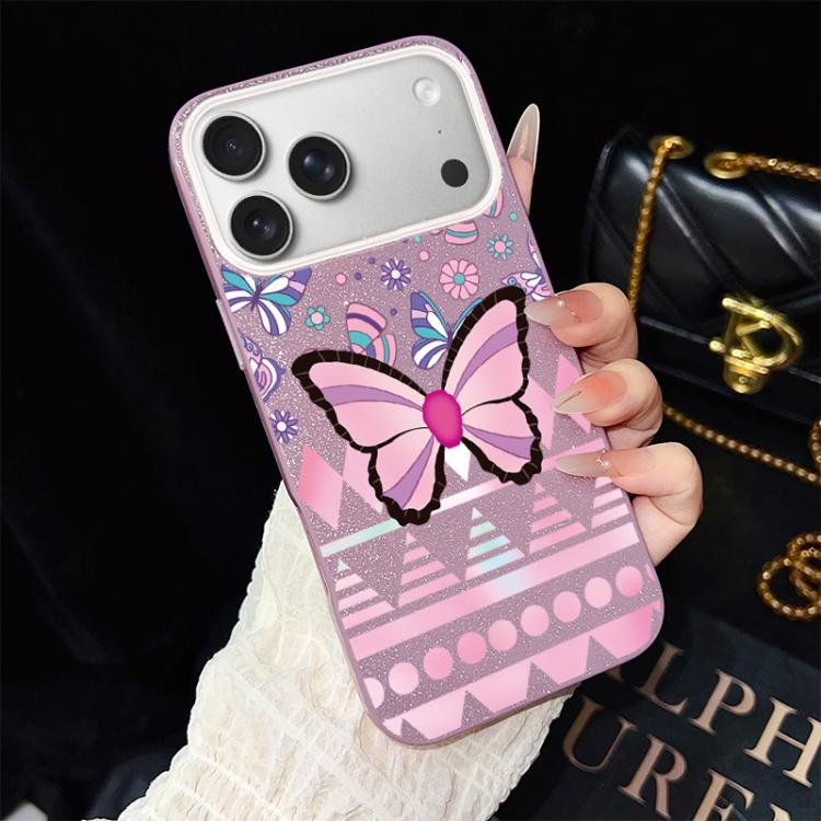 For iPhone 17 Pro Pink Butterfly Pattern IMD Glitter PC Hybrid TPU Phone Case(Purple)