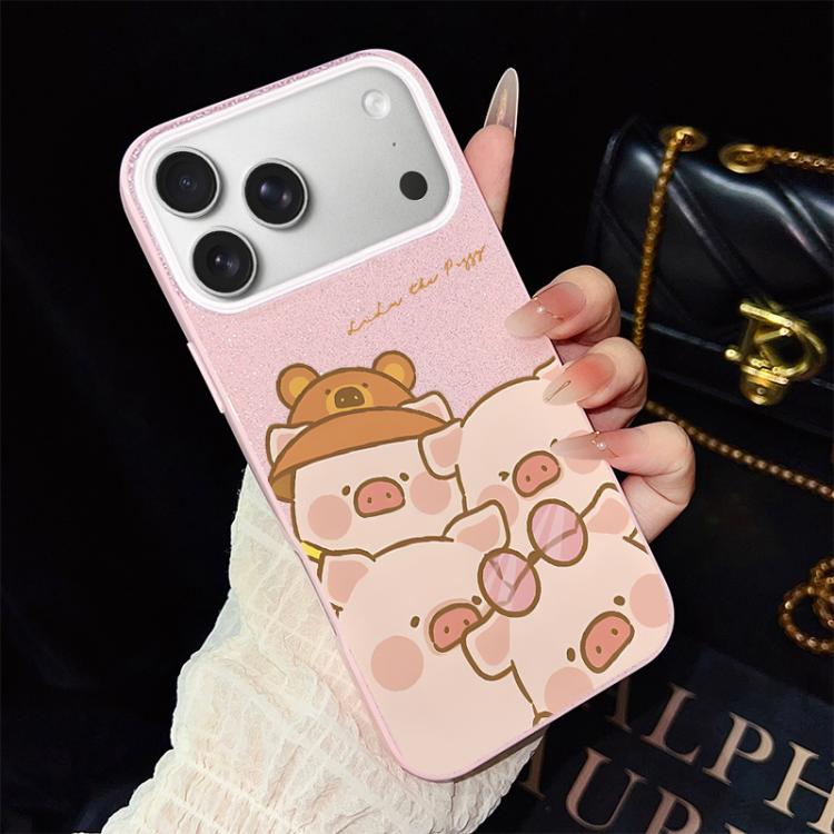 For iPhone 17 Pro Pink Pig Pattern IMD Glitter PC Hybrid TPU Phone Case(Pink)
