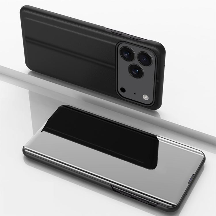 For iPhone 17 Pro Plated Mirror Horizontal Flip Leather Phone Case with Holder(Black)