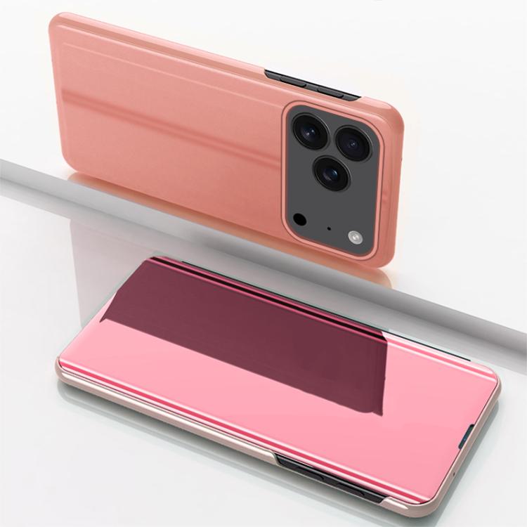 For iPhone 17 Pro Plated Mirror Horizontal Flip Leather Phone Case with Holder(Rose Gold)
