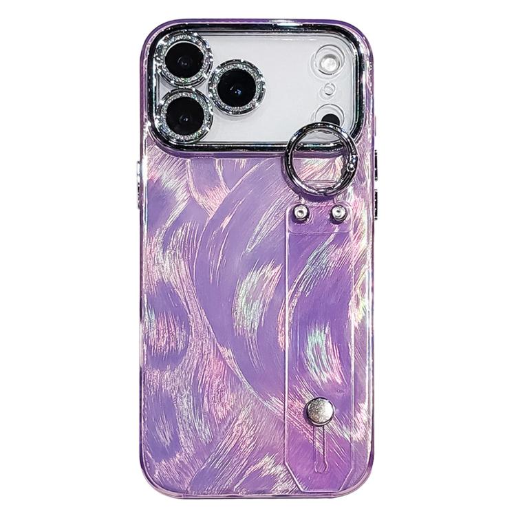 For iPhone 17 Pro Plating Feather-Gauze Texture Wristband Holder TPU Phone Case with Lens Film(Purple)