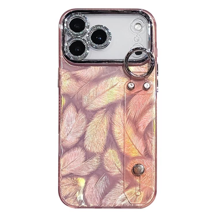 For iPhone 17 Pro Plating Feather Texture Wristband Holder TPU Phone Case with Lens Film(Pink)