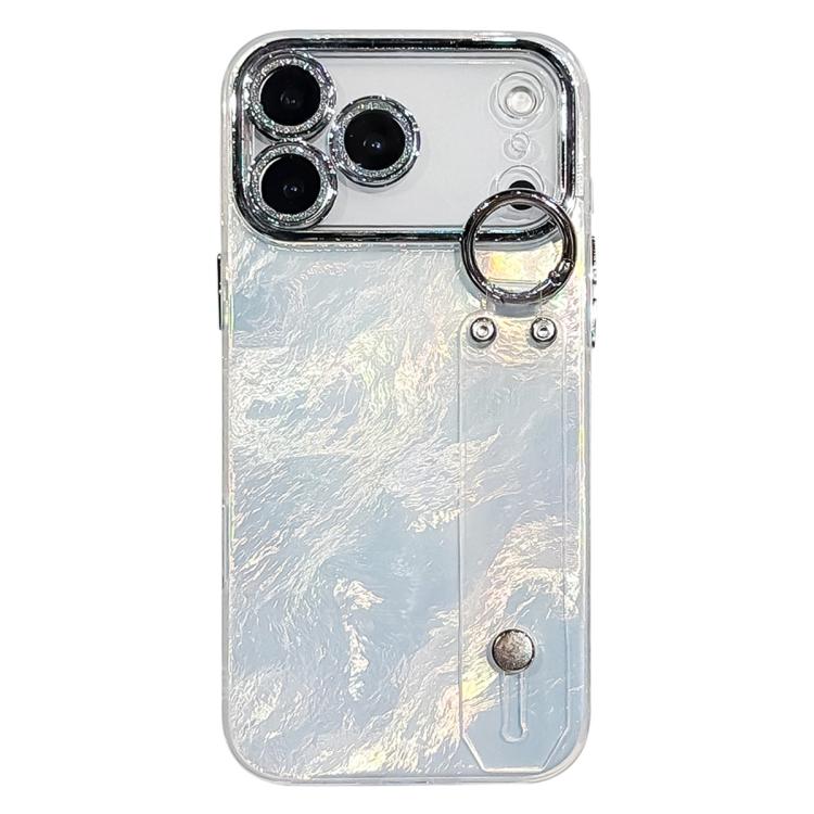For iPhone 17 Pro Plating Foil-like Metallic Texture Wristband Holder TPU Phone Case with Lens Film(Silver)