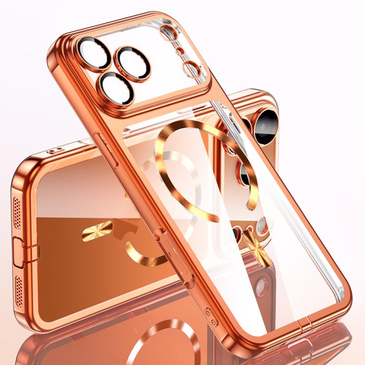 For iPhone 17 Pro Plating Paint TPU MagSafe Phone Case with Dust Plug & Lens Film(Orange)