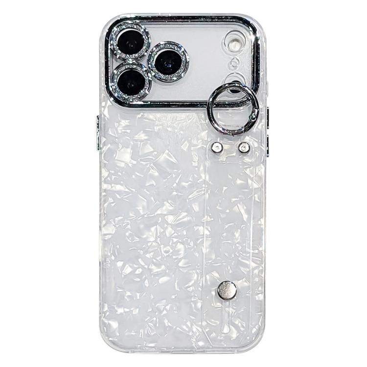 For iPhone 17 Pro Plating Shell Texture Wristband Holder TPU Phone Case with Lens Film(White)