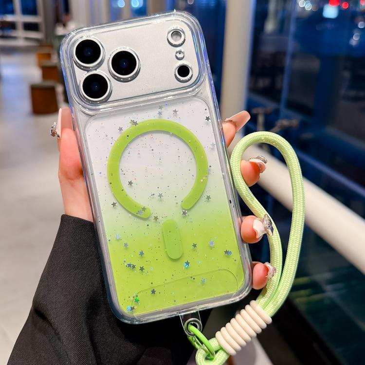 For iPhone 17 Pro Precise Hole Shockproof Gradient Epoxy Magnetic Phone Case With Lanyard(Green)