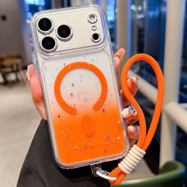 For iPhone 17 Pro Precise Hole Shockproof Gradient Epoxy Magnetic Phone Case With Lanyard(Orange)