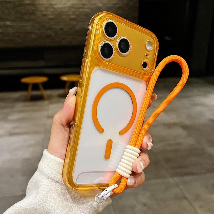 For iPhone 17 Pro Precise Hole Shockproof Magnetic TPU Hybrid Acrylic Transparent Phone Case With Lanyard(Orange)