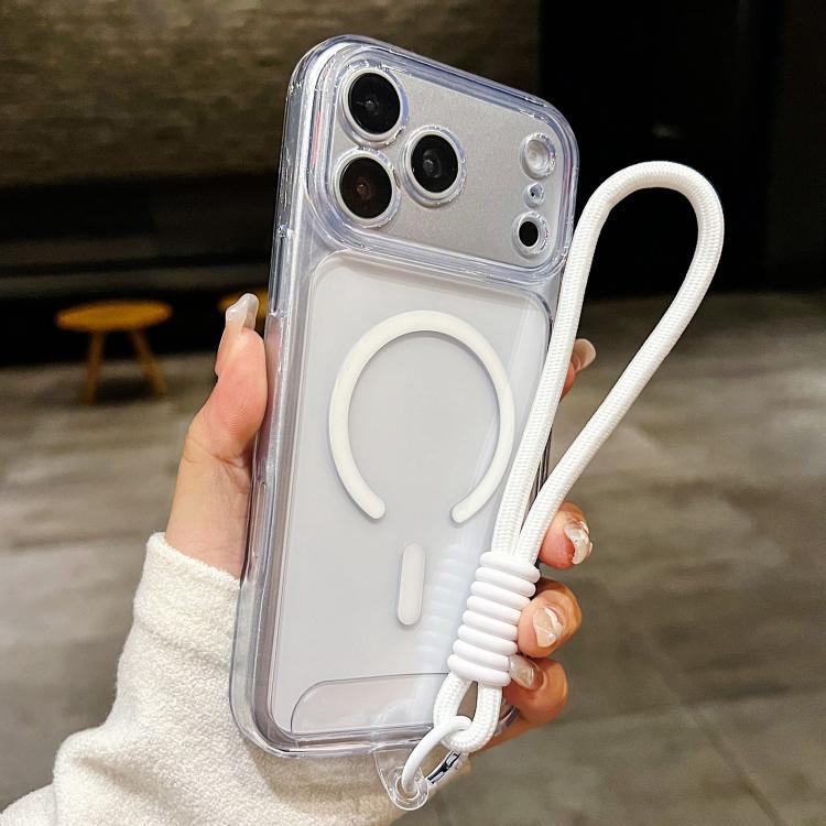 For iPhone 17 Pro Precise Hole Shockproof Magnetic TPU Hybrid Acrylic Transparent Phone Case With Lanyard(White)