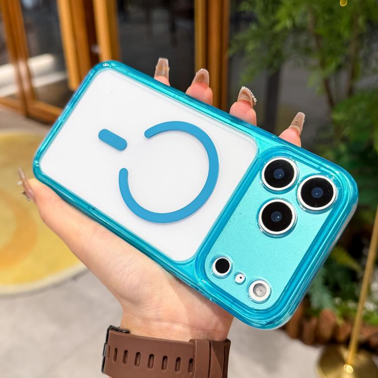 For iPhone 17 Pro Precise Hole Shockproof Magnetic TPU Hybrid Acrylic Transparent Phone Case(Blue)